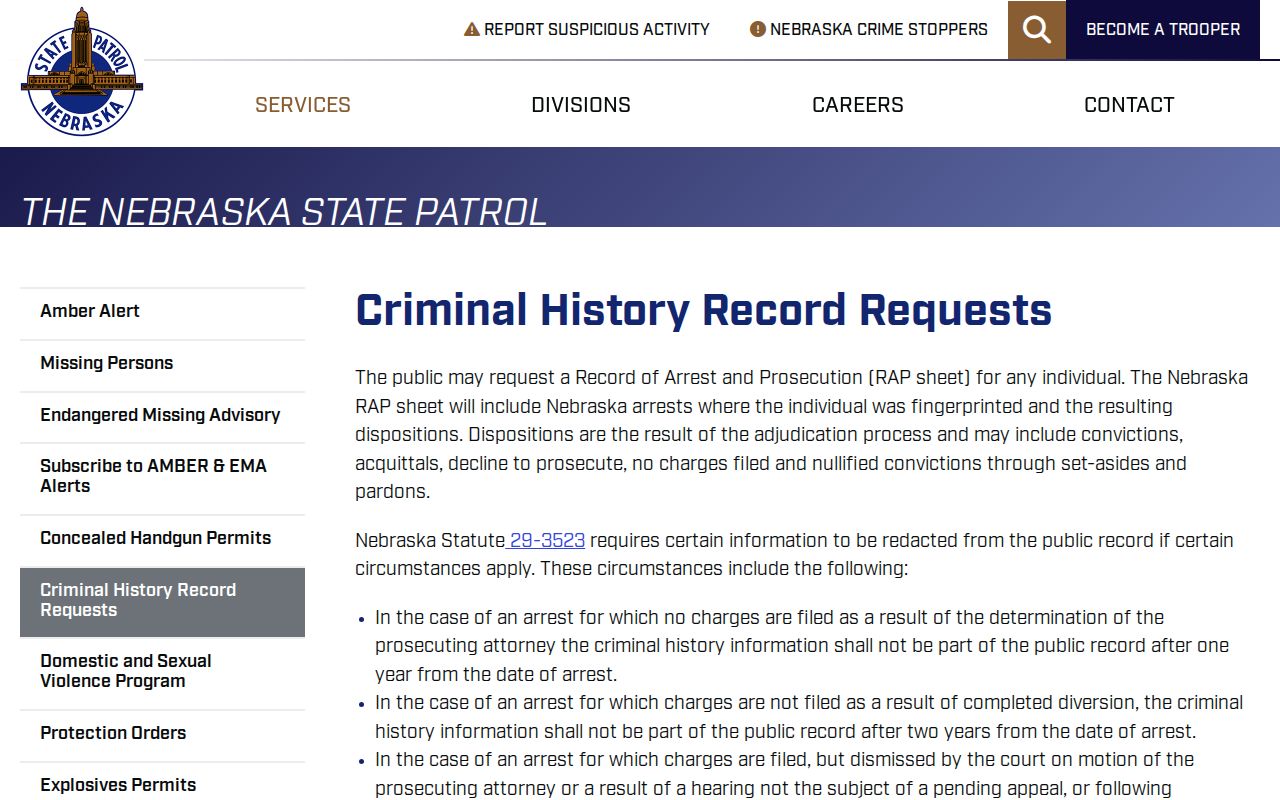 Thurston County arrest lookup Nebraska criminal history request page